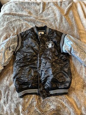 NFL Raiders Black and Silver Satin Bomber Jacket
